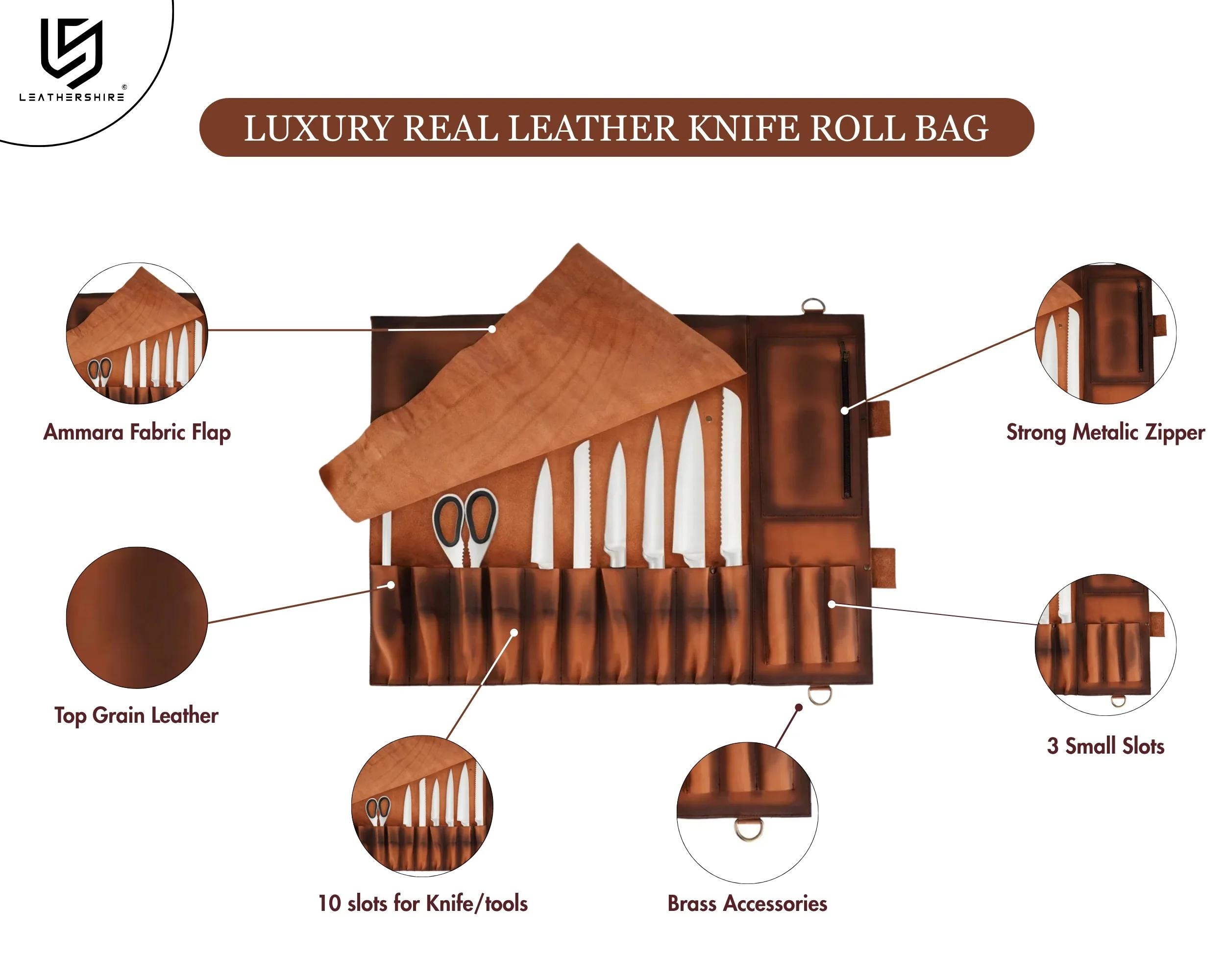The Chef Pro Deluxe Set (4-in-1) Tan Brown Crossbody Leather Apron with Leather Knife Roll & Leather Tool Belt & leather Mitts - Image 9