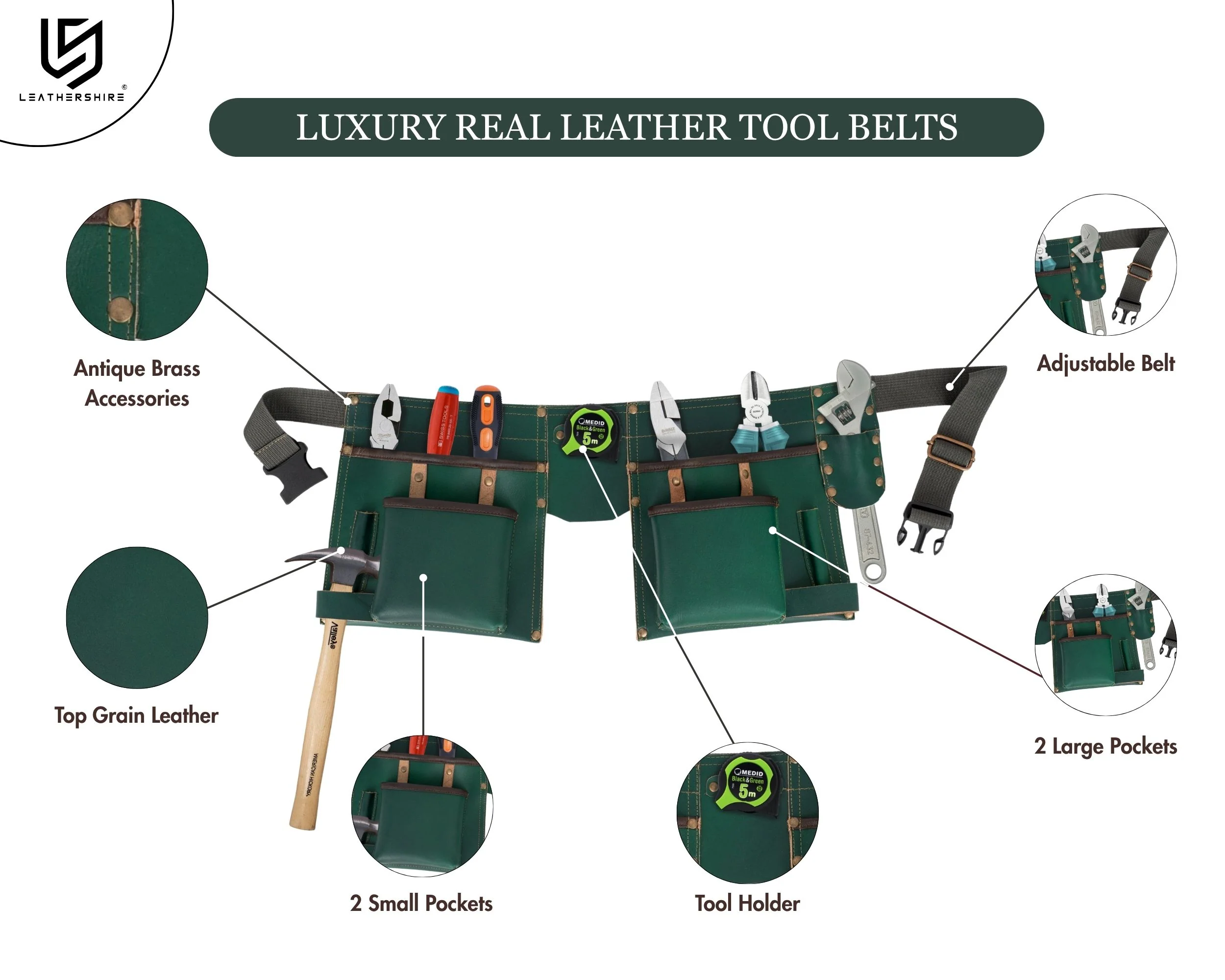 The Green Full Grain Leather Tool Belt Wrench Holder Mechanics Tool Belt - Image 2
