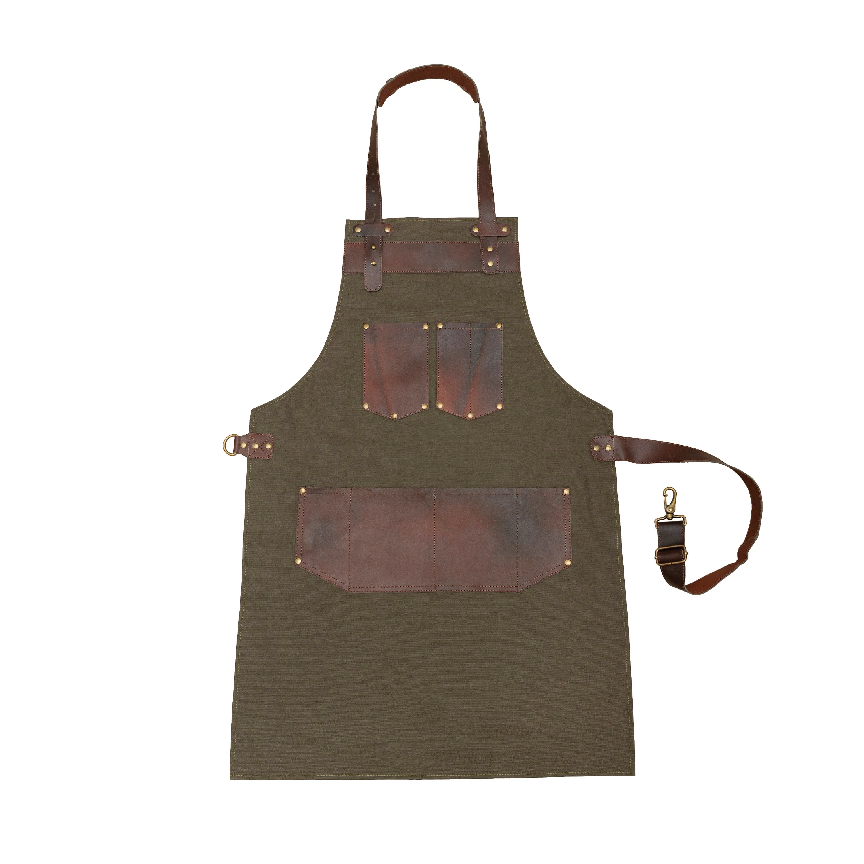 The Northumberland Top Grain Leather Green Canvas Apron - Free Customized Branding - Image 3