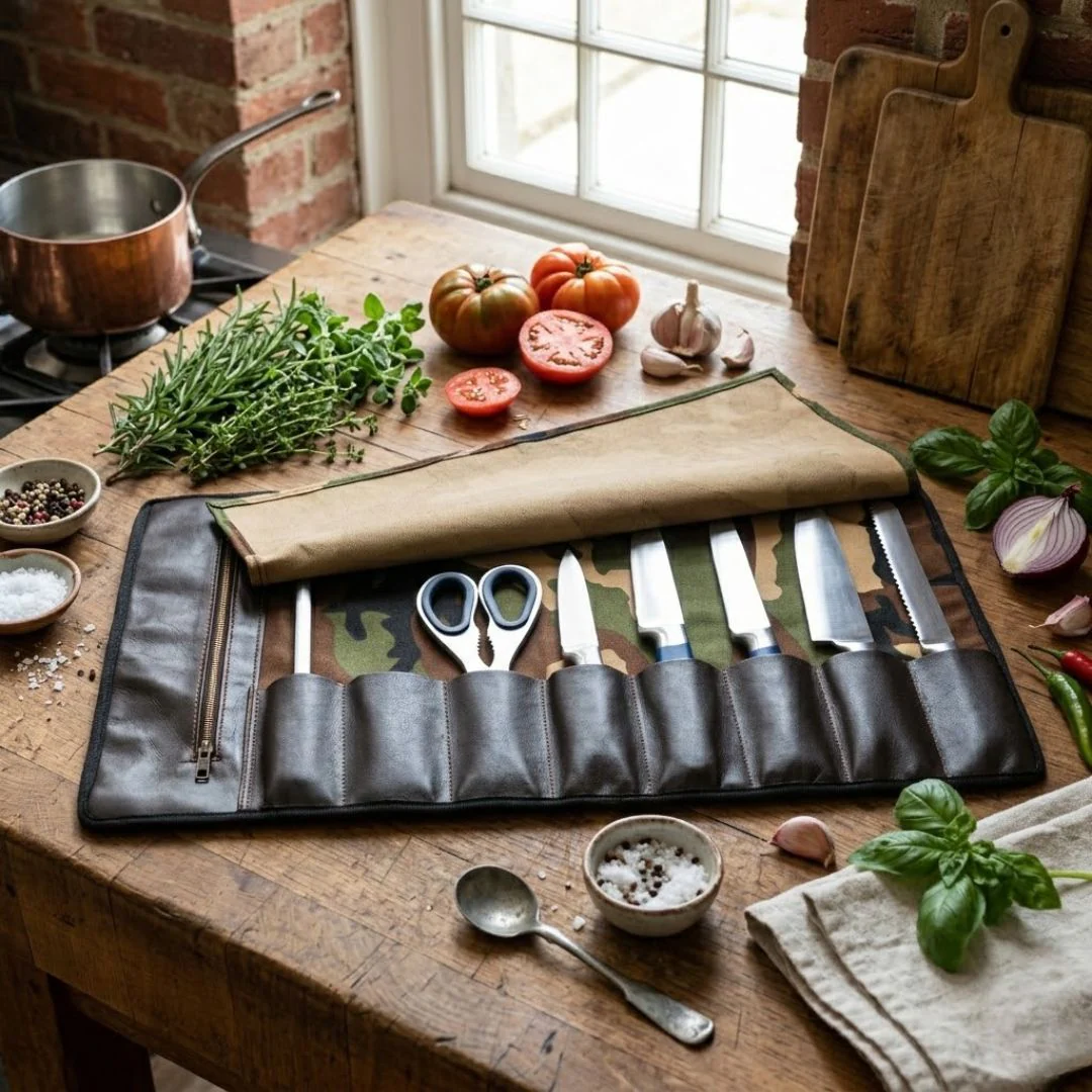 The Camo Leather 9 Pocket Knife Roll Chef Roll - Image 5