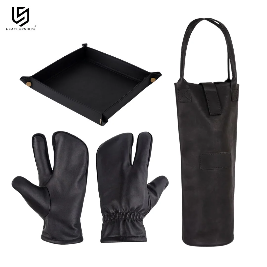 The Wine & Dine Premium Gift Set (3-in-1) Leather Dark Brown Wine bag with Leather Black Mitts & Leather Tray