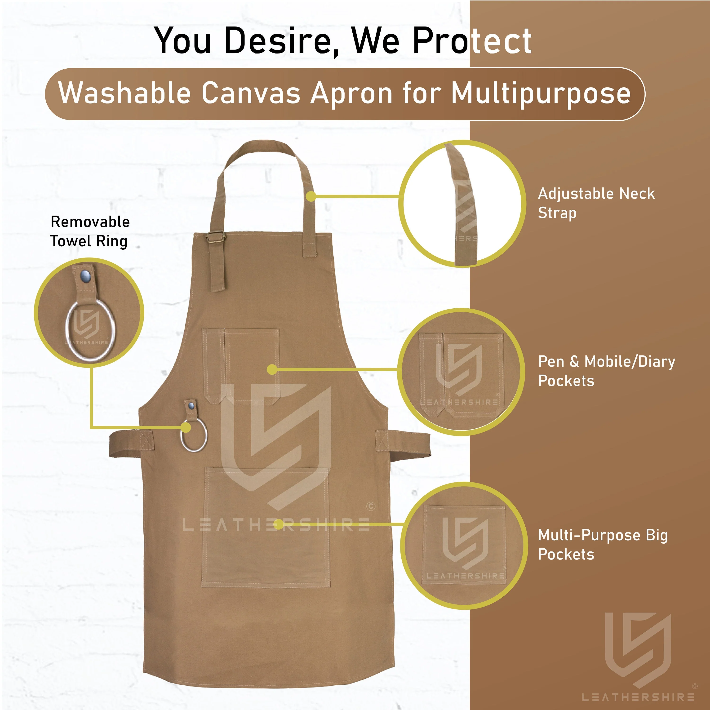 The Merseyside Washable Brown Canvas apron with adjustable neck strap - Image 4