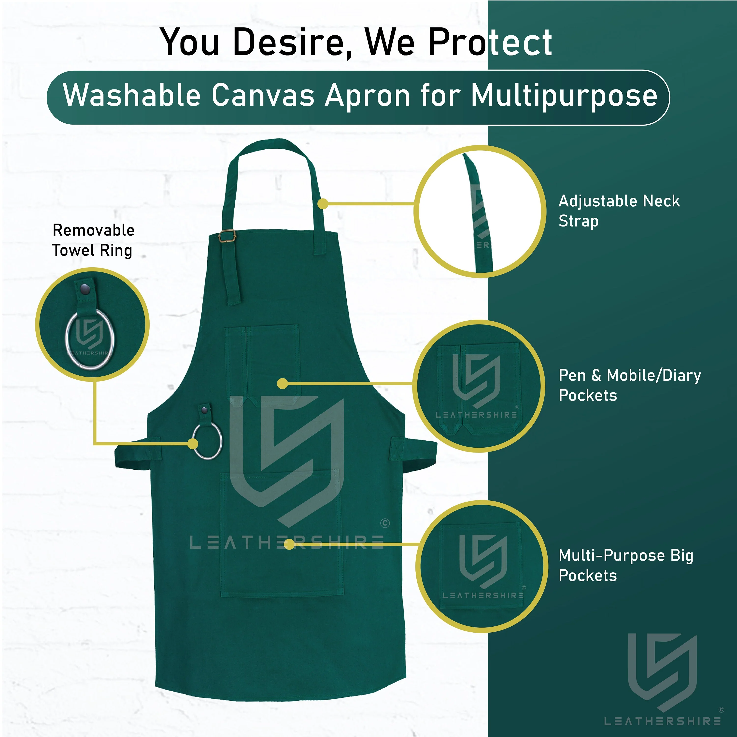 County Durham Washable Green Canvas apron with adjustable neck strap - Image 4