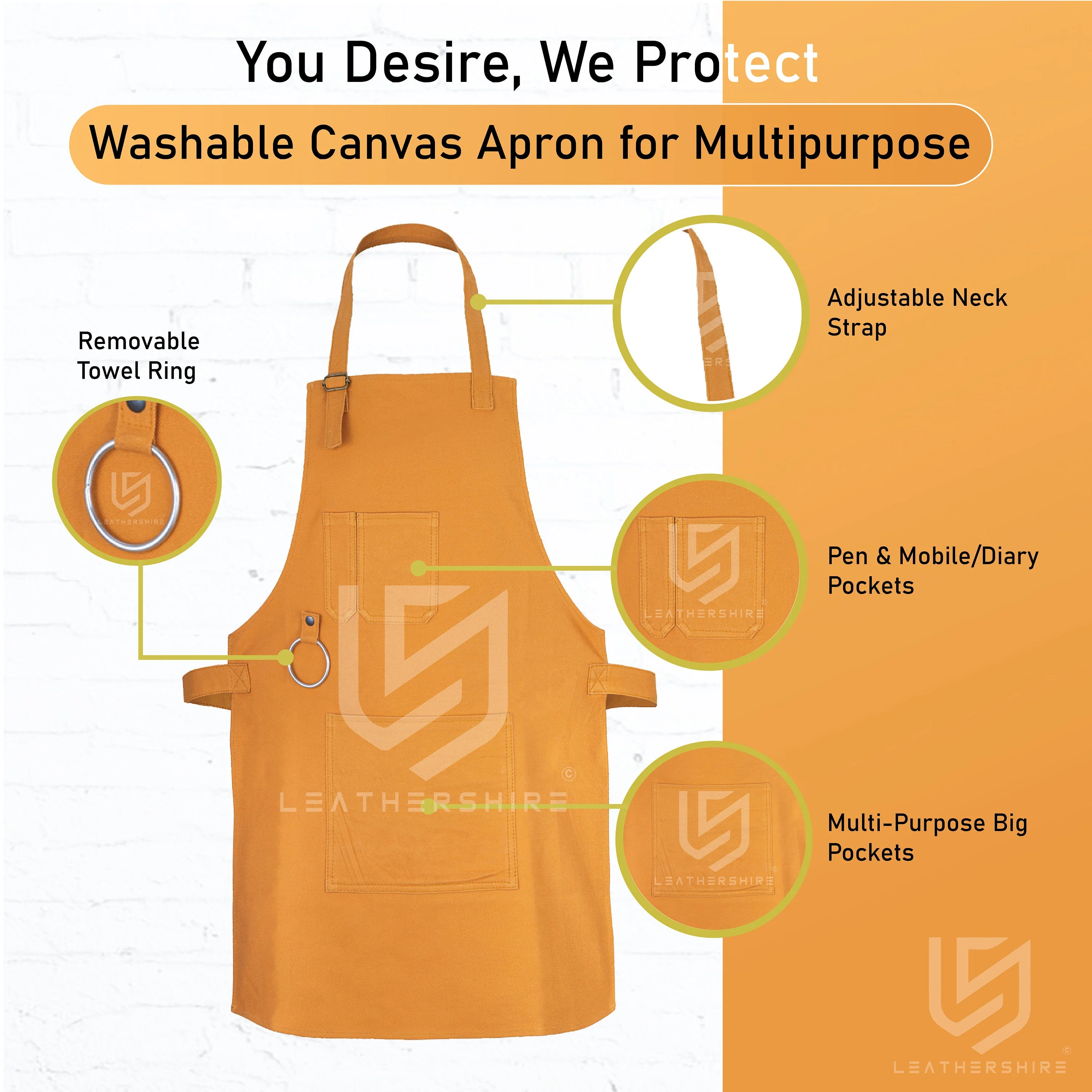 Tyne and Wear Washable Mustard Canvas apron with adjustable neck strap - Image 3