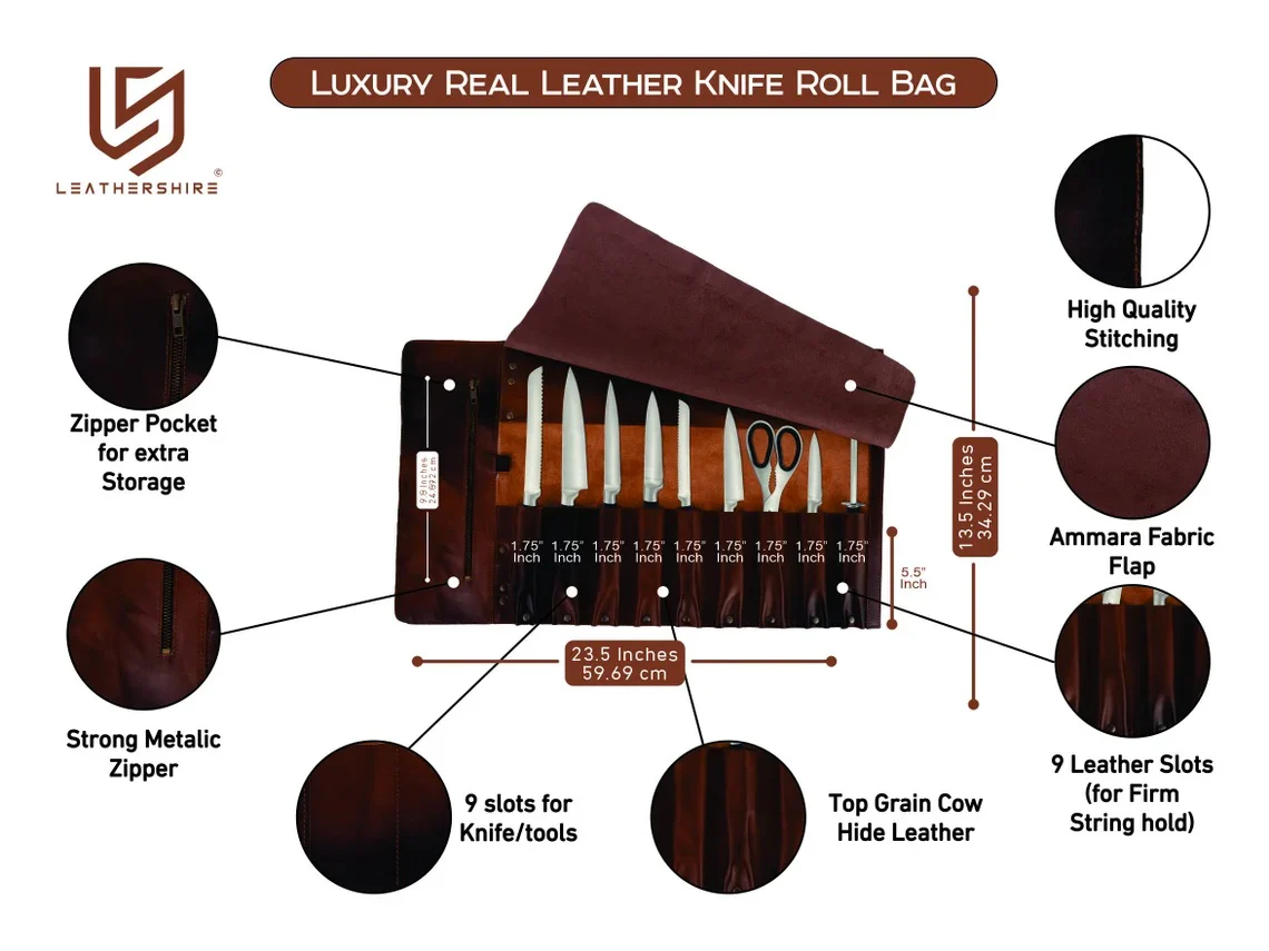 The Cheshire Waxed Canvas Leather 9 Pocket Handmade Chef Roll - Image 10